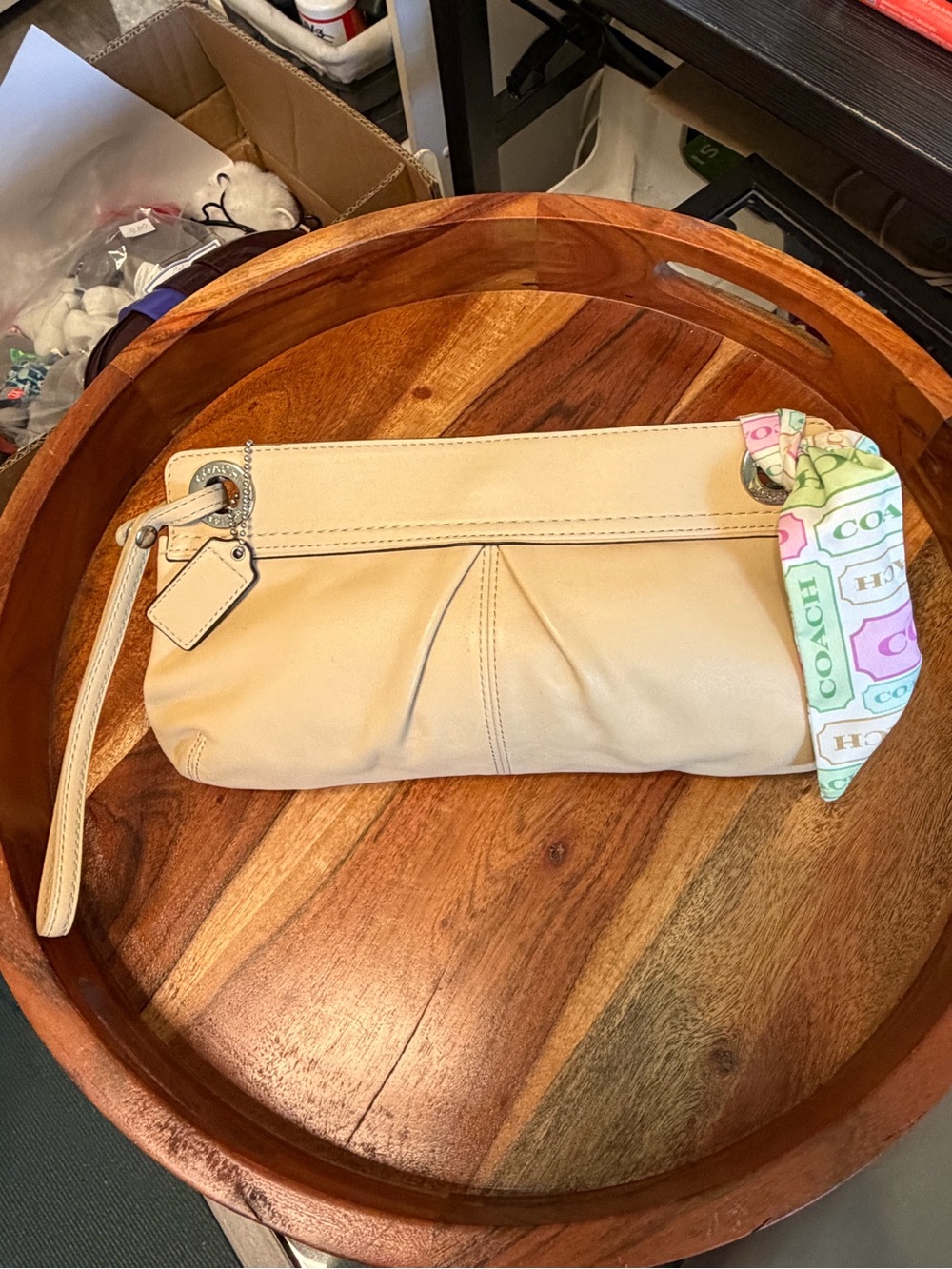 Vintage Coach Cream Leather Clutch with Signature Charm and tie